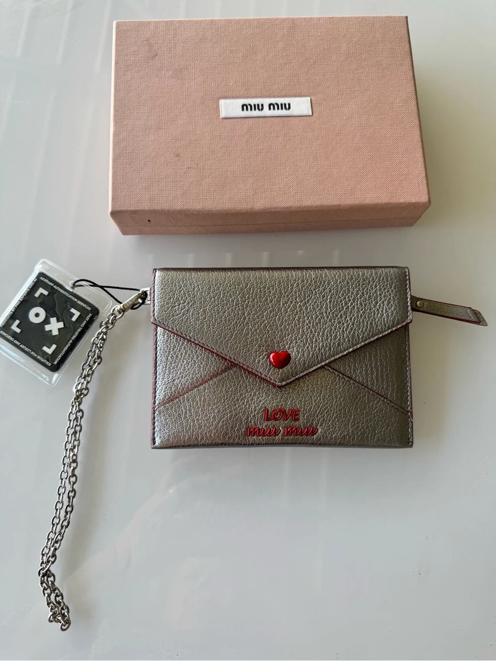 Miu Miu Metallic Envelope Card Holder with Red Heart Detail